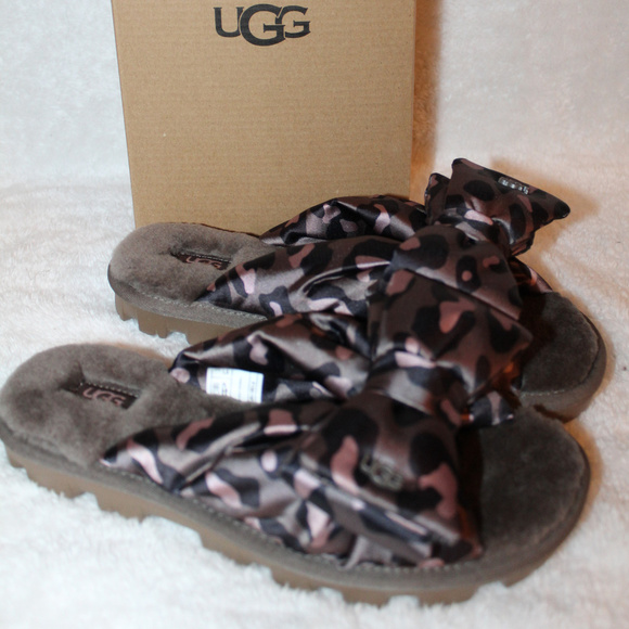 UGG LEOPARD LUSHETTE SLIDE SHEARLING SATIN SANDALS‎ - Picture 8 of 8